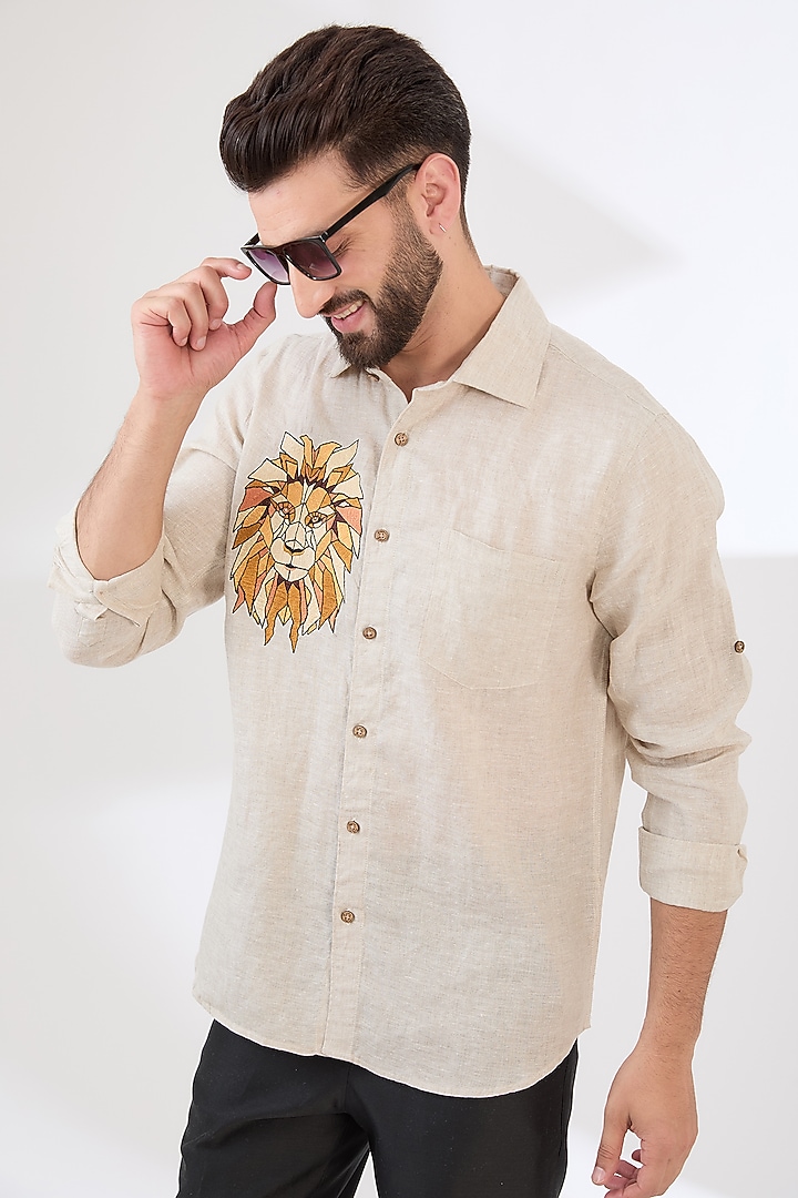 Beige Linen Embroidered Party Wear Shirt by Linen Bloom Men at Pernia's Pop Up Shop