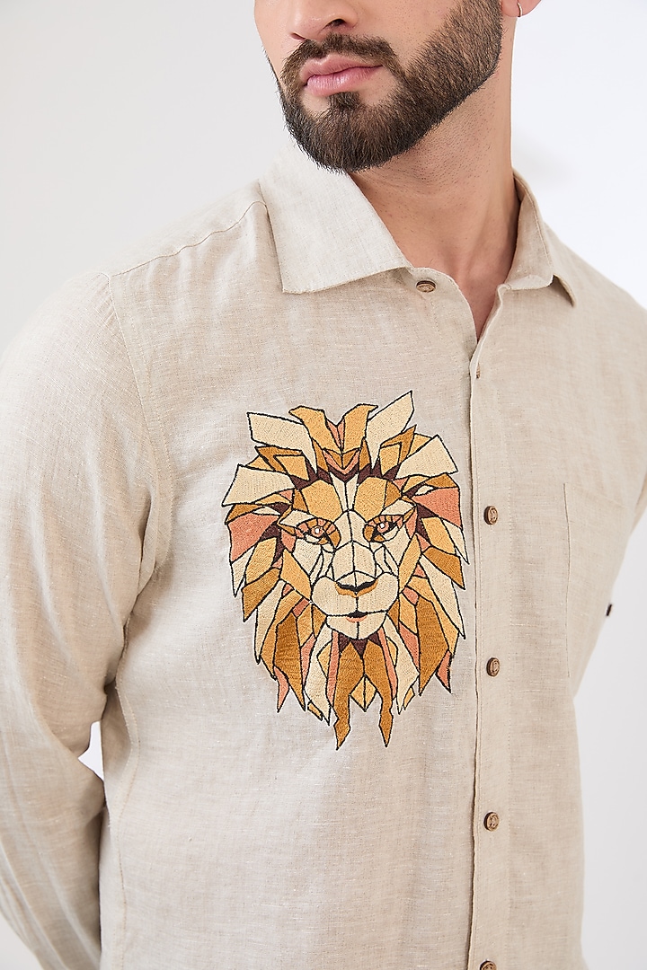 Beige Linen Embroidered Party Wear Shirt by Linen Bloom Men at Pernia's Pop Up Shop
