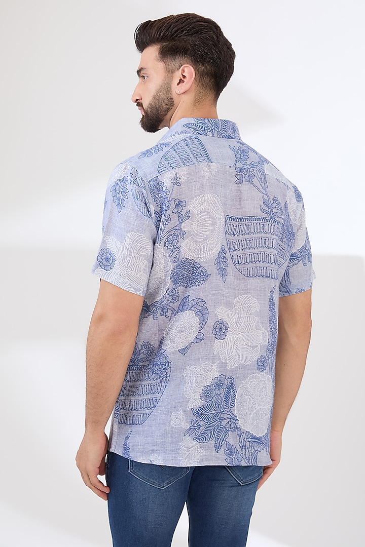 Blue Linen Digital Printed Party Wear Shirt by Linen Bloom Men at Pernia's Pop Up Shop