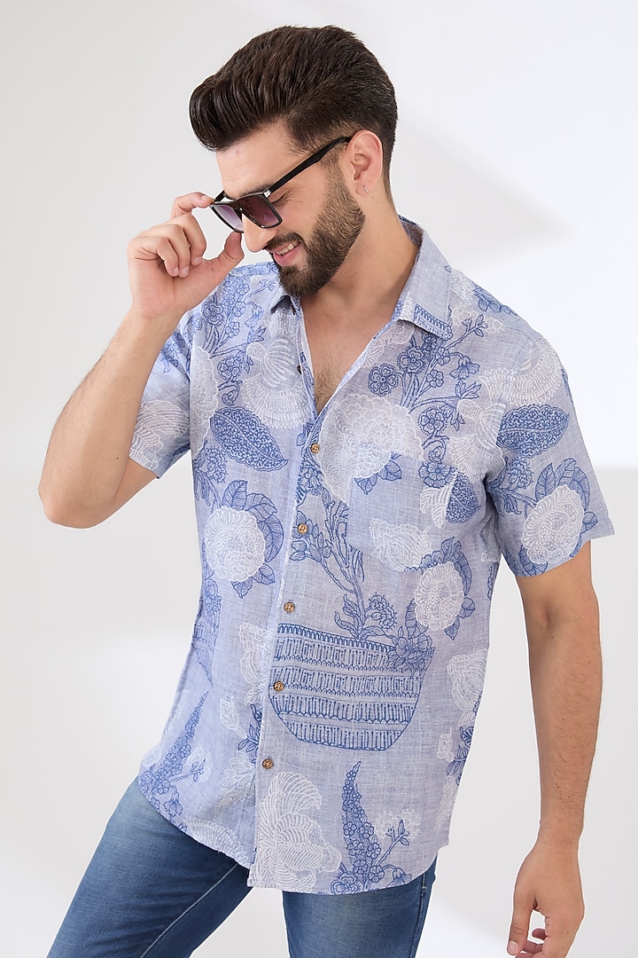 Blue Linen Digital Printed Party Wear Shirt by Linen Bloom Men at Pernia's Pop Up Shop