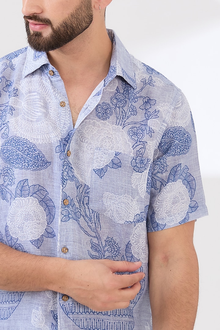 Blue Linen Digital Printed Party Wear Shirt by Linen Bloom Men at Pernia's Pop Up Shop