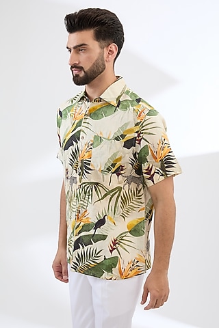 Multi-Colored Pure Linen Printed Shirt by Linen Bloom Men