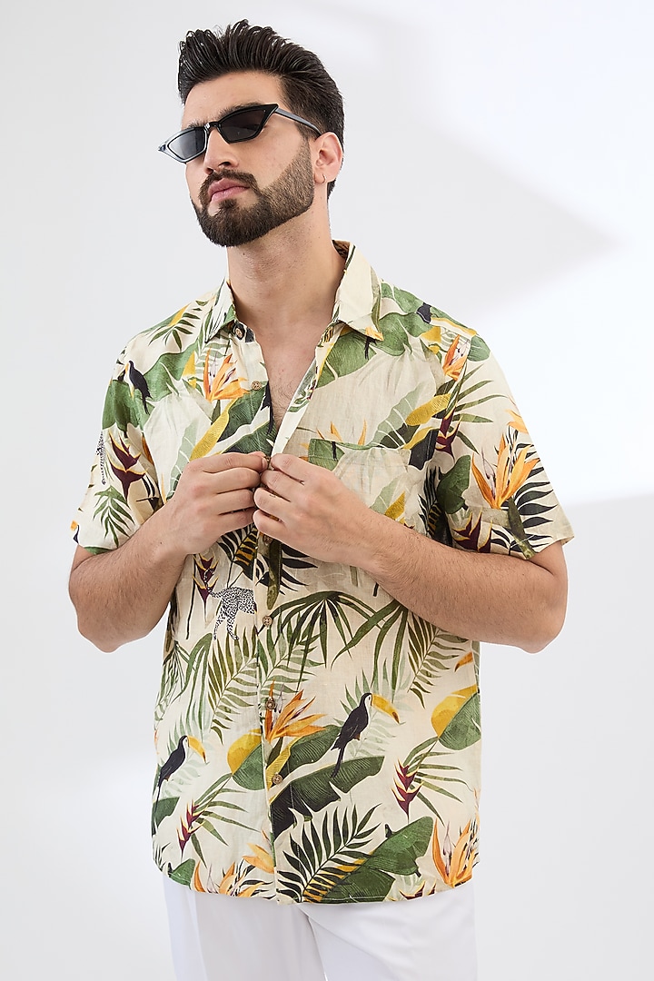 Multi-Colored Pure Linen Printed Party Wear Shirt by Linen Bloom Men at Pernia's Pop Up Shop