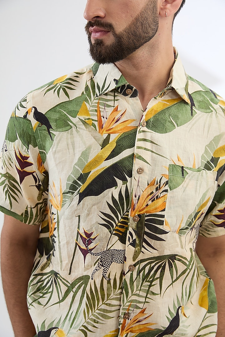 Multi-Colored Pure Linen Printed Party Wear Shirt by Linen Bloom Men at Pernia's Pop Up Shop