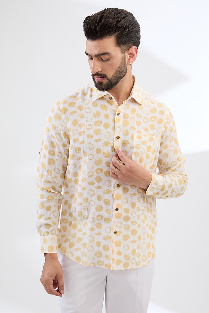 Yellow Pure Linen Printed Shirt by Linen Bloom Men