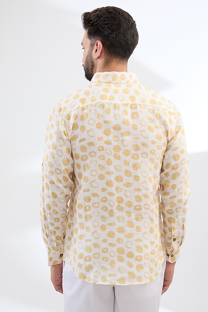 Yellow Pure Linen Printed Party Wear Shirt by Linen Bloom Men at Pernia's Pop Up Shop