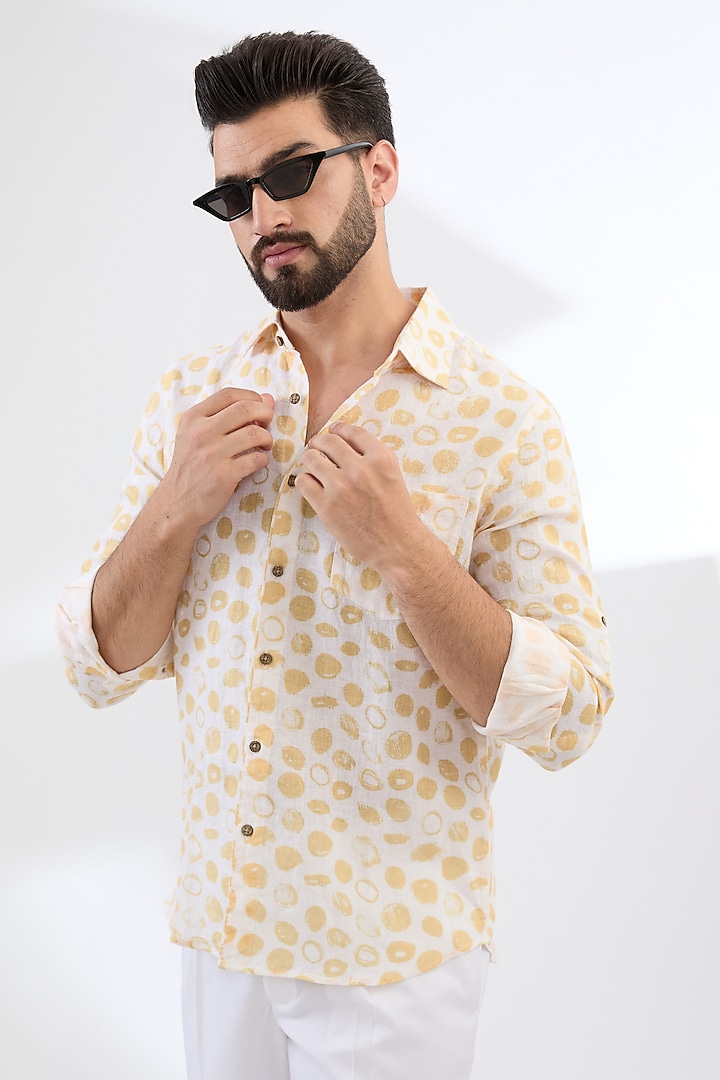 Yellow Pure Linen Printed Party Wear Shirt by Linen Bloom Men at Pernia's Pop Up Shop