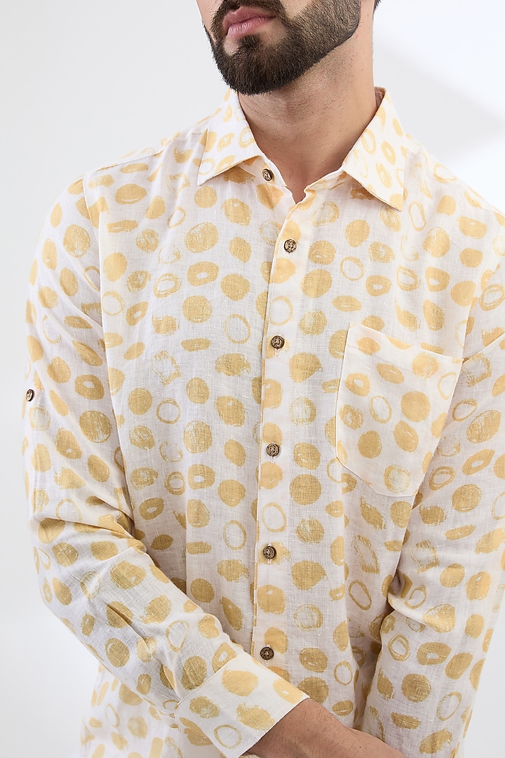 Yellow Pure Linen Printed Party Wear Shirt by Linen Bloom Men at Pernia's Pop Up Shop