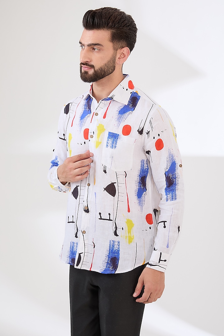 Blue Linen Digital Printed Shirt by Linen Bloom Men