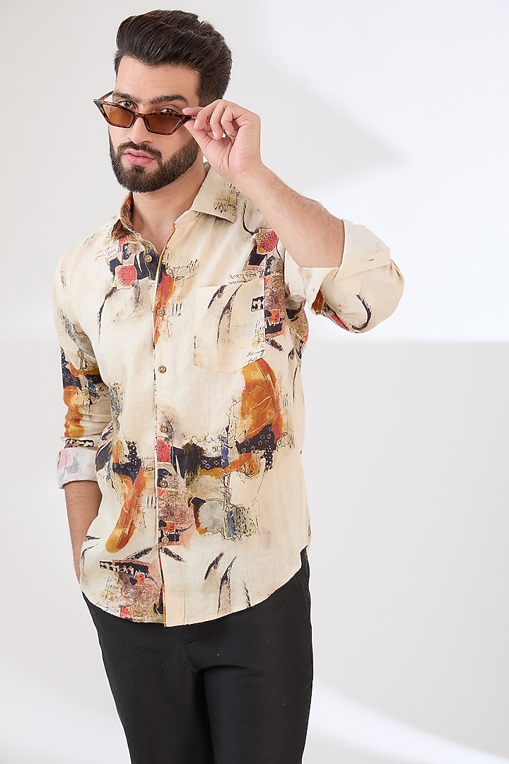 Multi-Colored Linen Digital Printed Party Wear Shirt by Linen Bloom Men at Pernia's Pop Up Shop