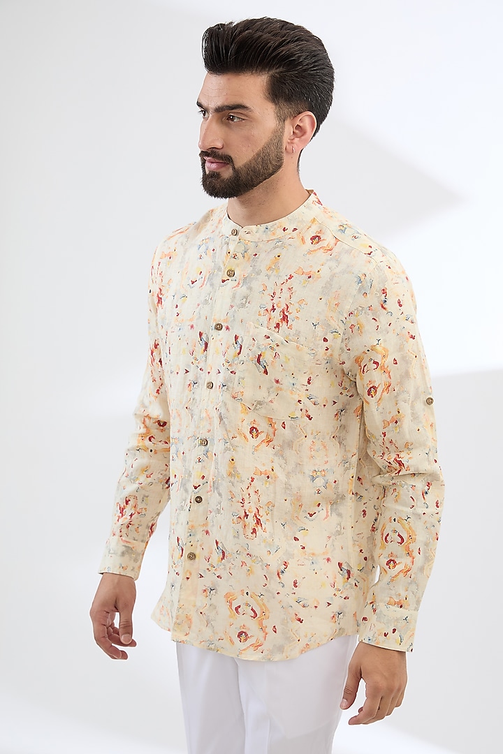 Multi-Colored Pure Linen Printed Shirt by Linen Bloom Men