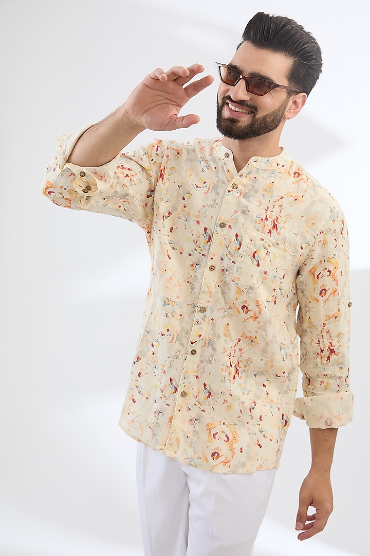Multi-Colored Pure Linen Printed Party Wear Shirt by Linen Bloom Men at Pernia's Pop Up Shop