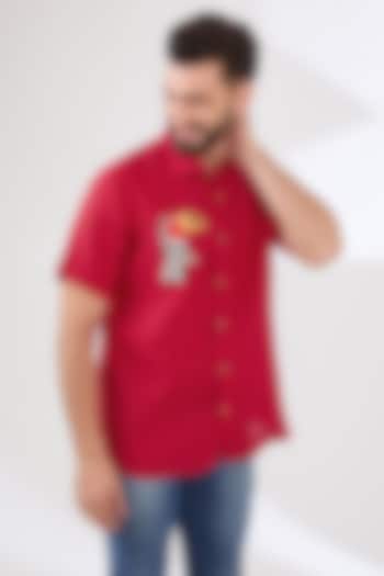 Red Linen Embroidered Shirt by Linen Bloom Men
