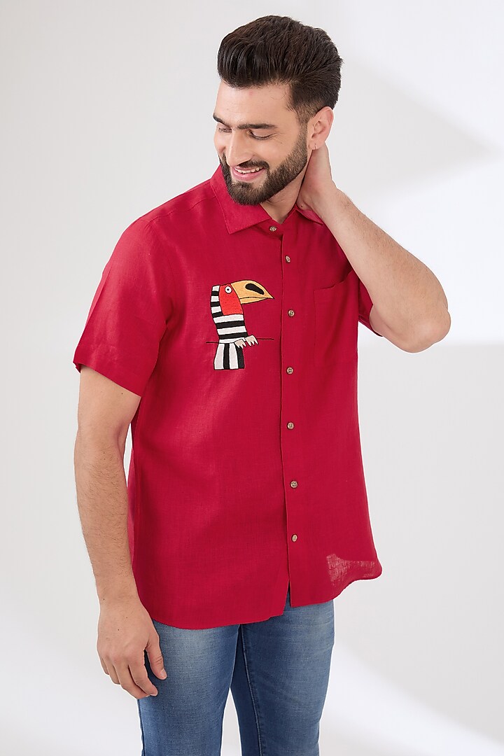 Red Linen Embroidered Shirt by Linen Bloom Men