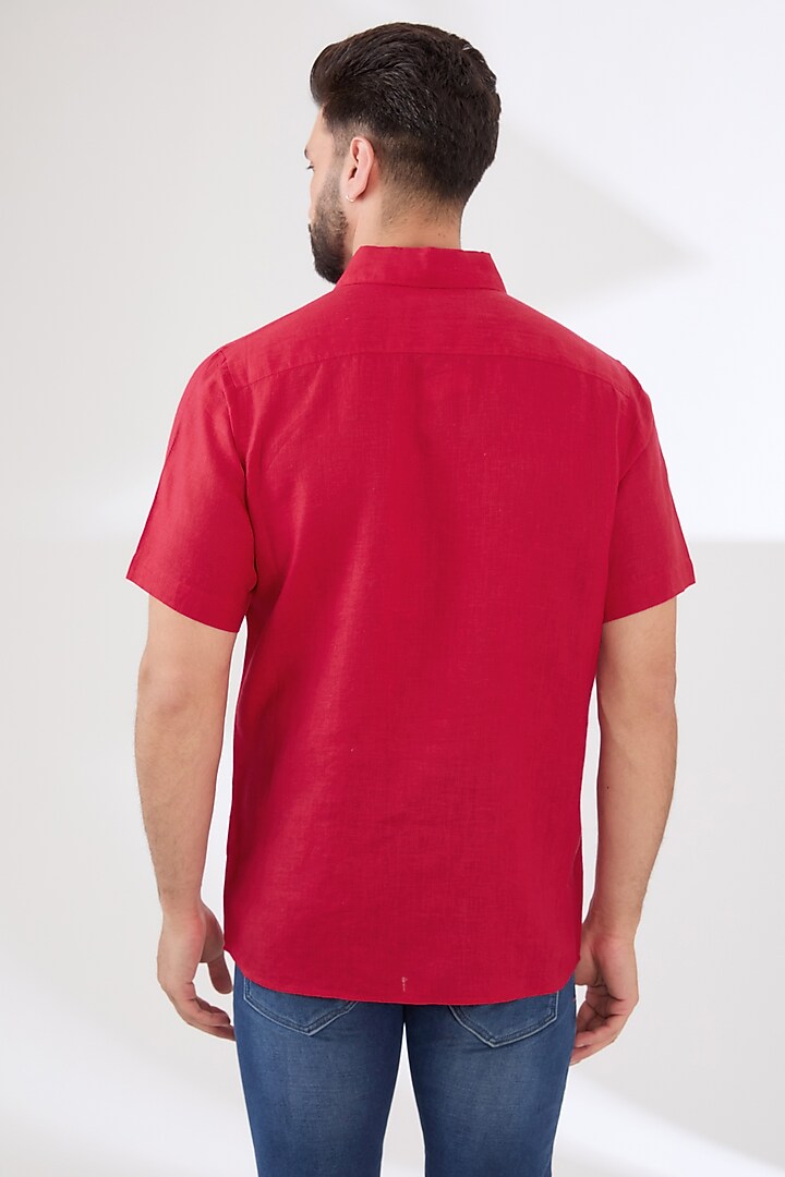Red Linen Embroidered Party Wear Shirt by Linen Bloom Men at Pernia's Pop Up Shop