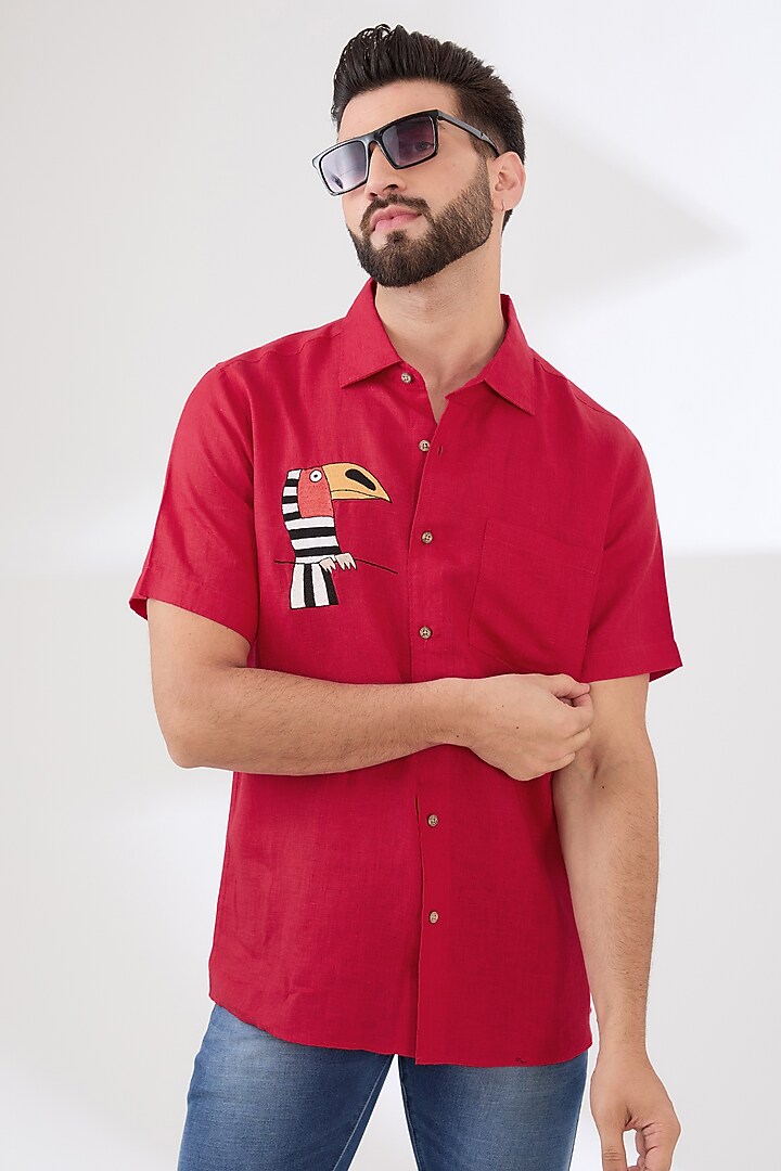 Red Linen Embroidered Party Wear Shirt by Linen Bloom Men at Pernia's Pop Up Shop
