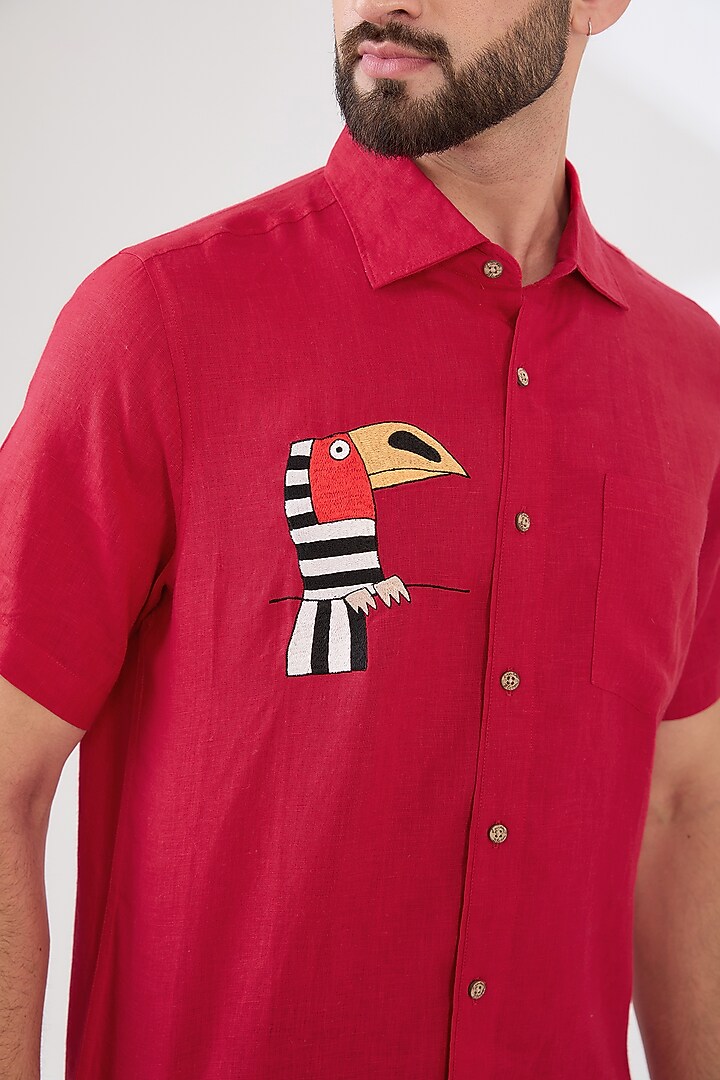 Red Linen Embroidered Party Wear Shirt by Linen Bloom Men at Pernia's Pop Up Shop