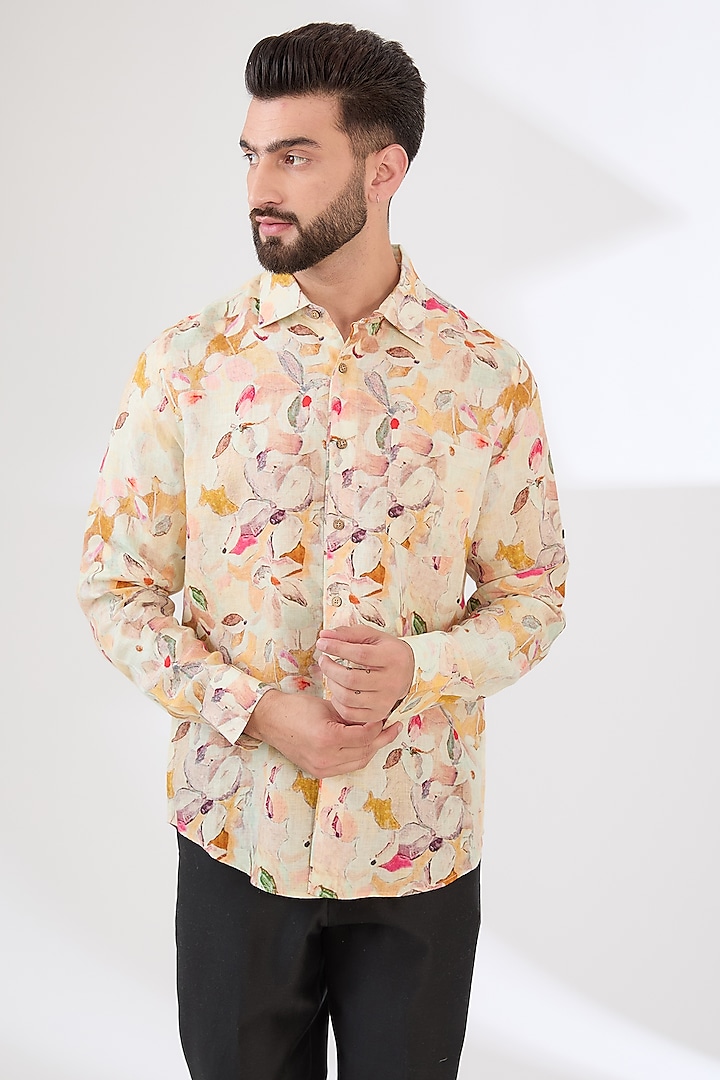 Multi-Colored Linen Floral Printed Shirt by Linen Bloom Men