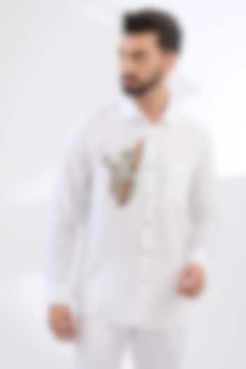 White Pure Linen Thread Embroidered Shirt by Linen Bloom Men