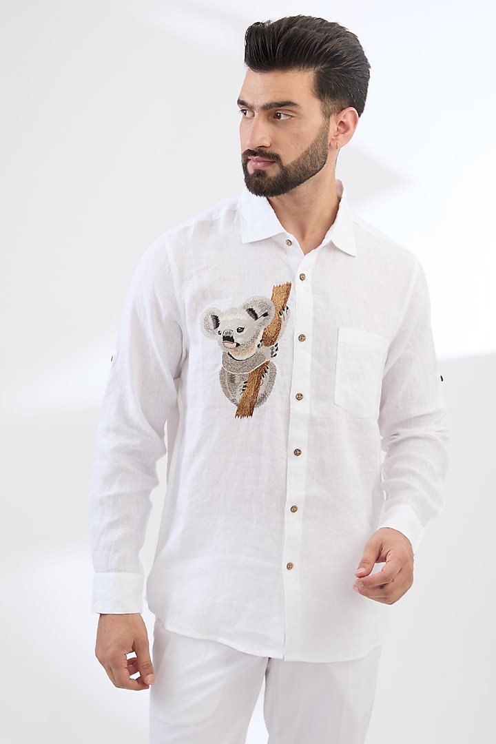 White Pure Linen Thread Embroidered Shirt by Linen Bloom Men at Pernia's Pop Up Shop