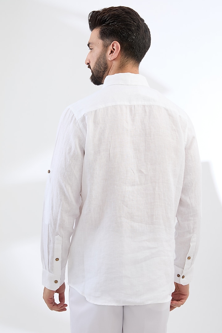 White Pure Linen Thread Embroidered Party Wear Shirt by Linen Bloom Men at Pernia's Pop Up Shop
