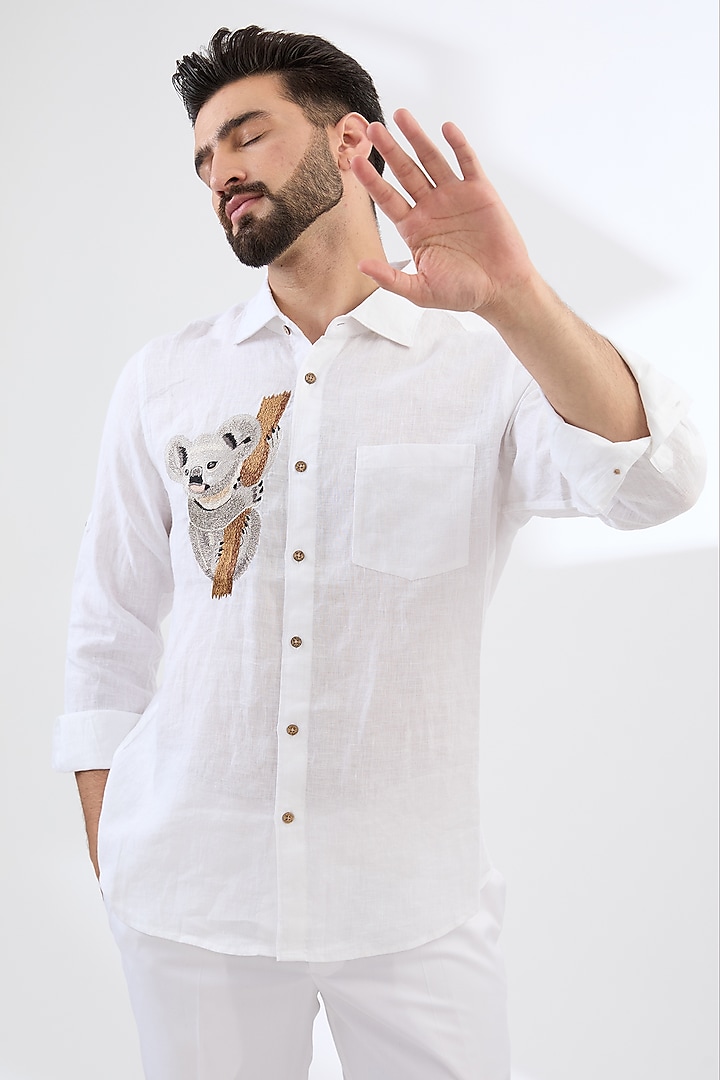 White Pure Linen Thread Embroidered Party Wear Shirt by Linen Bloom Men at Pernia's Pop Up Shop