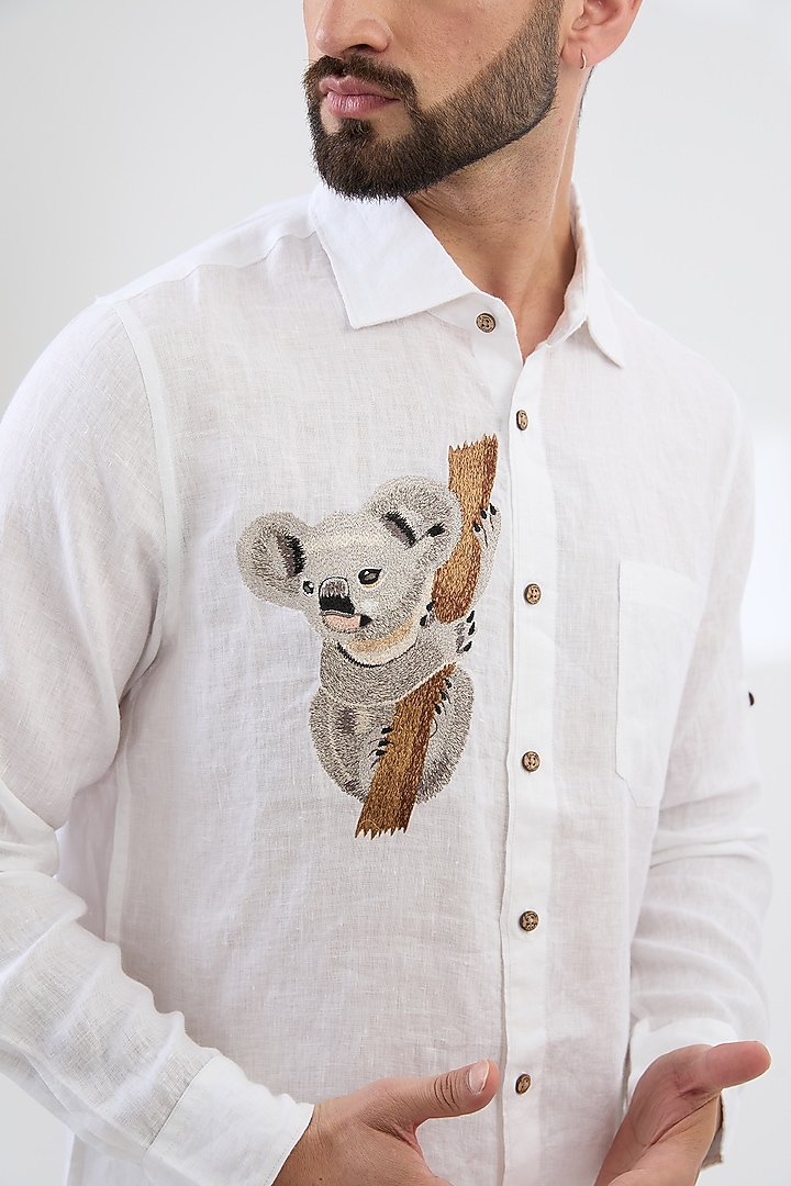 White Pure Linen Thread Embroidered Party Wear Shirt by Linen Bloom Men at Pernia's Pop Up Shop