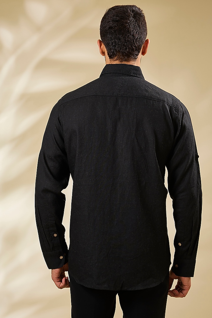 Black Linen Embroidered Party Wear Shirt by Linen Bloom Men at Pernia's Pop Up Shop