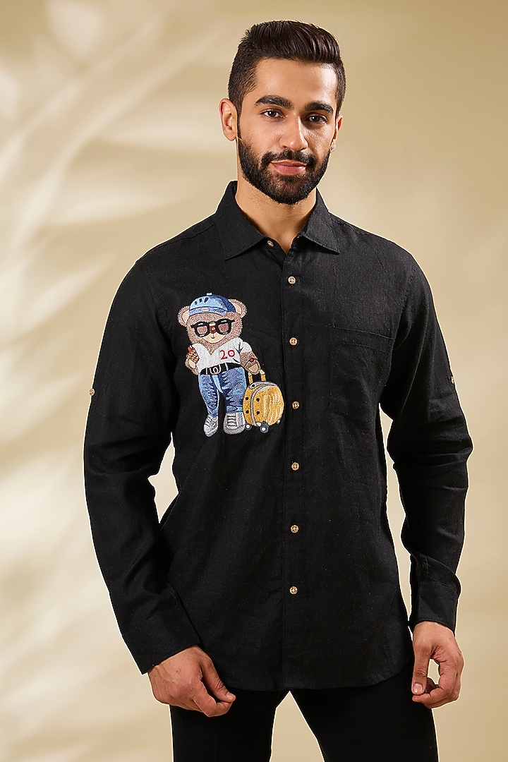 Black Linen Embroidered Party Wear Shirt by Linen Bloom Men at Pernia's Pop Up Shop