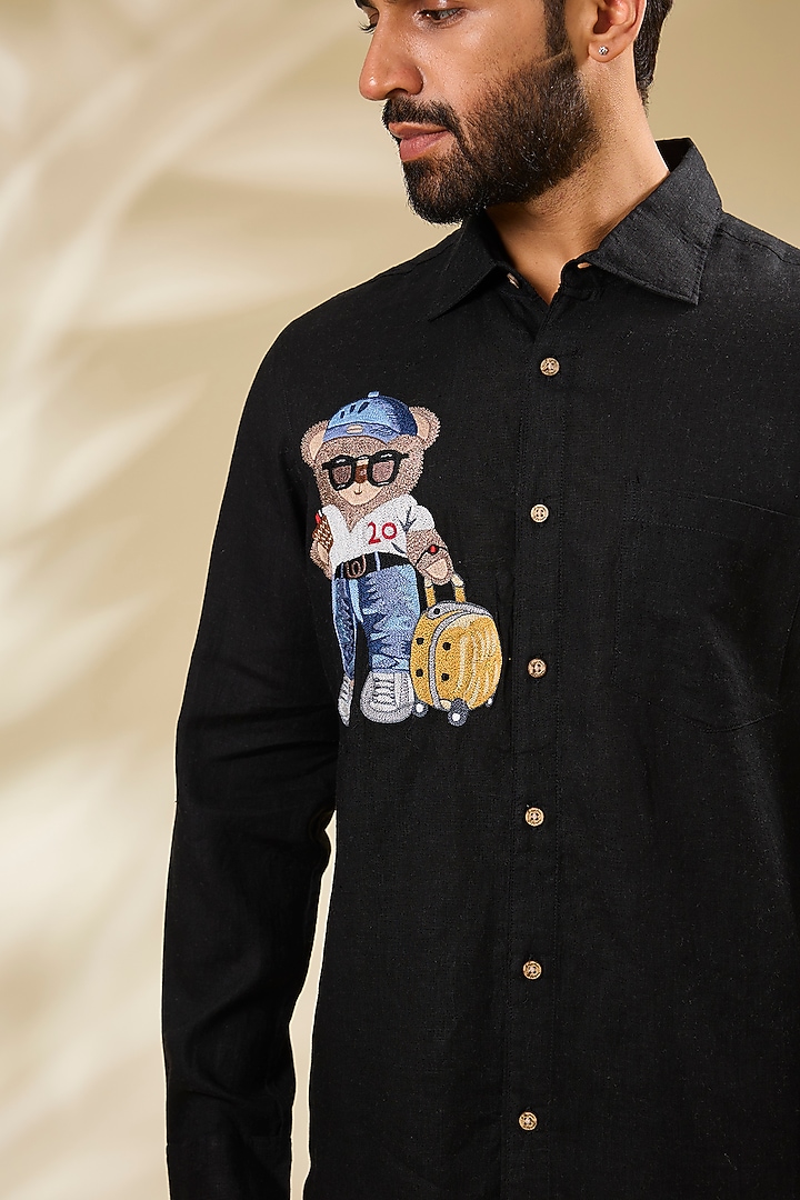 Black Linen Embroidered Party Wear Shirt by Linen Bloom Men at Pernia's Pop Up Shop