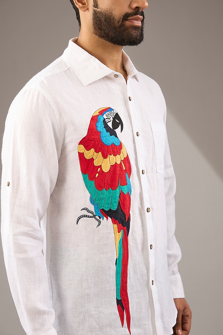 White Pure Linen Thread Embroidered Shirt by Linen Bloom Men at