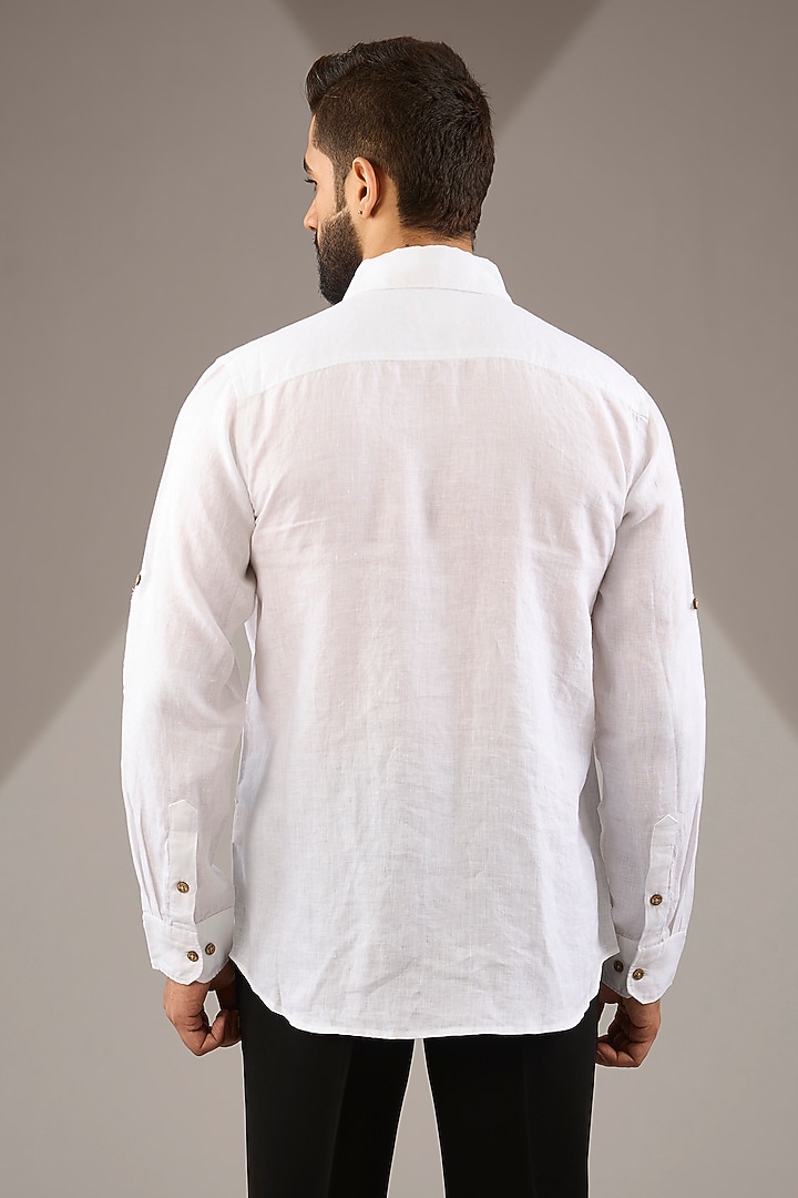 White Pure Linen Thread Embroidered Party Wear Shirt by Linen Bloom Men at Pernia's Pop Up Shop