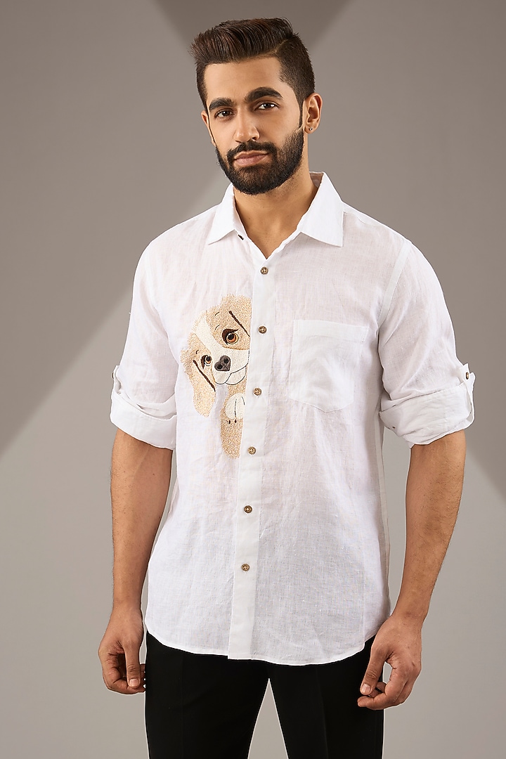 White Pure Linen Thread Embroidered Party Wear Shirt by Linen Bloom Men at Pernia's Pop Up Shop