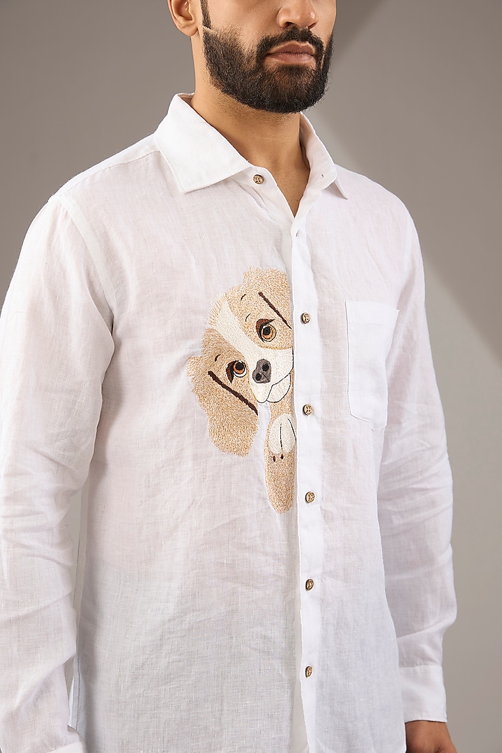 White Pure Linen Thread Embroidered Party Wear Shirt by Linen Bloom Men at Pernia's Pop Up Shop