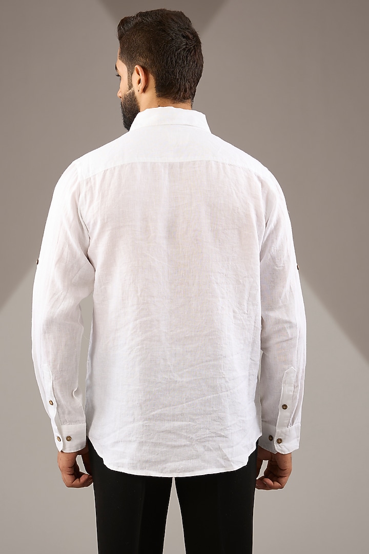 White Pure Linen Thread Embroidered Party Wear Shirt by Linen Bloom Men at Pernia's Pop Up Shop