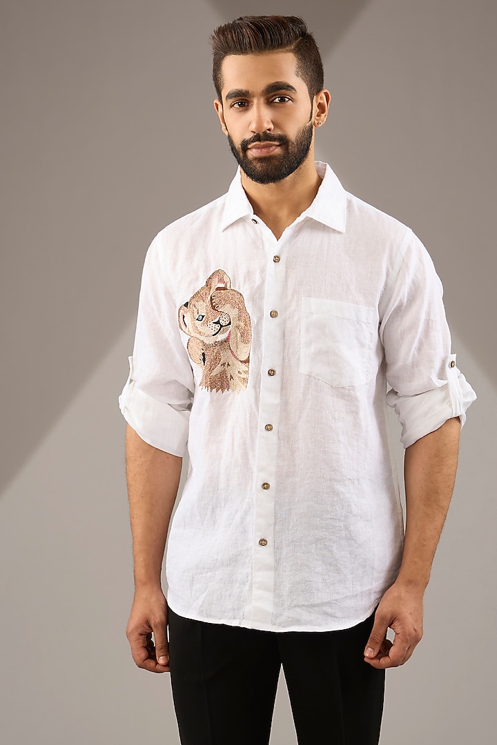 White Pure Linen Thread Embroidered Party Wear Shirt by Linen Bloom Men at Pernia's Pop Up Shop