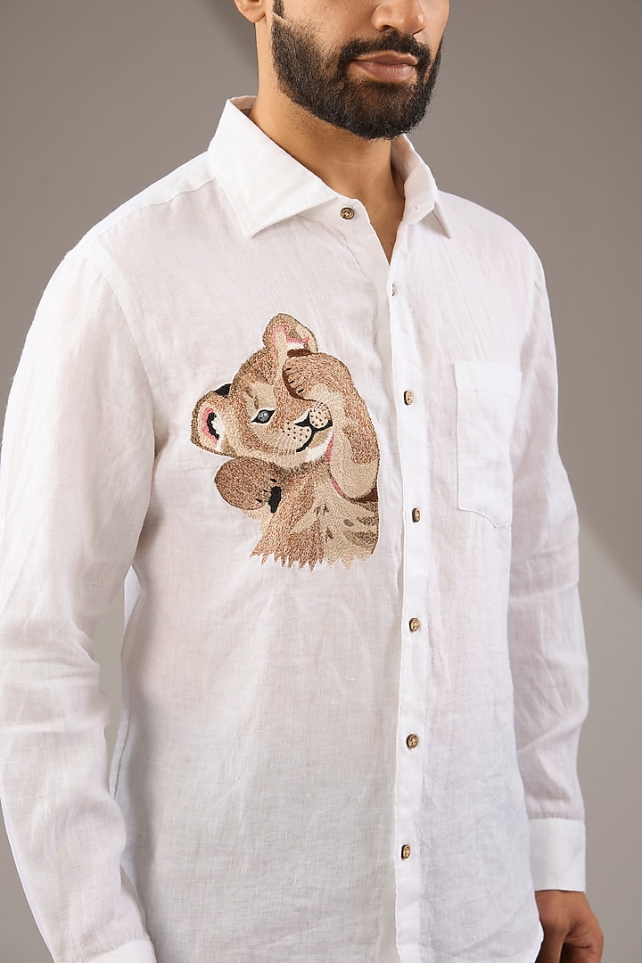White Pure Linen Thread Embroidered Party Wear Shirt by Linen Bloom Men at Pernia's Pop Up Shop