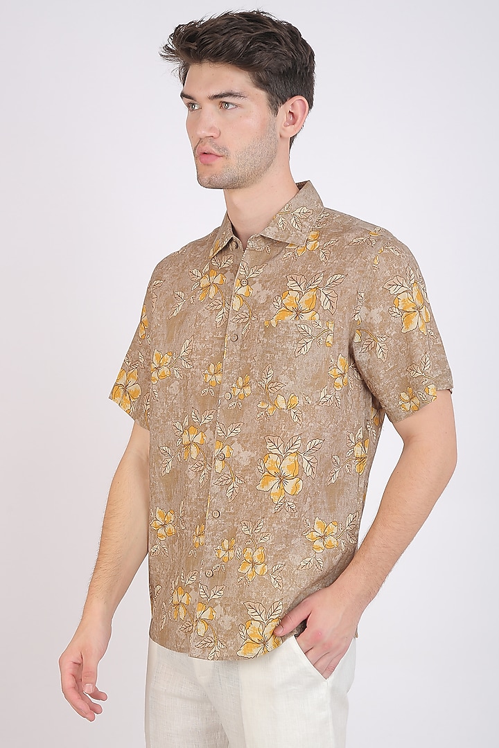 Brown Floral Printed Shirt by Linen Bloom Men