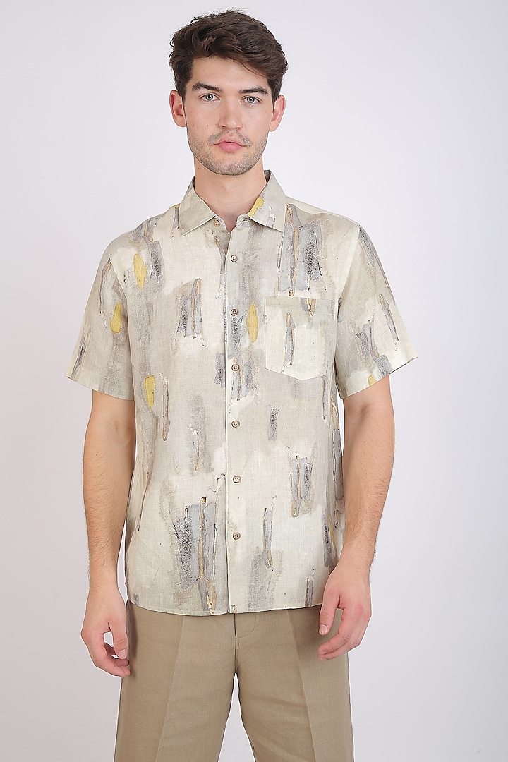 Beige Marble Printed Shirt by Linen Bloom Men