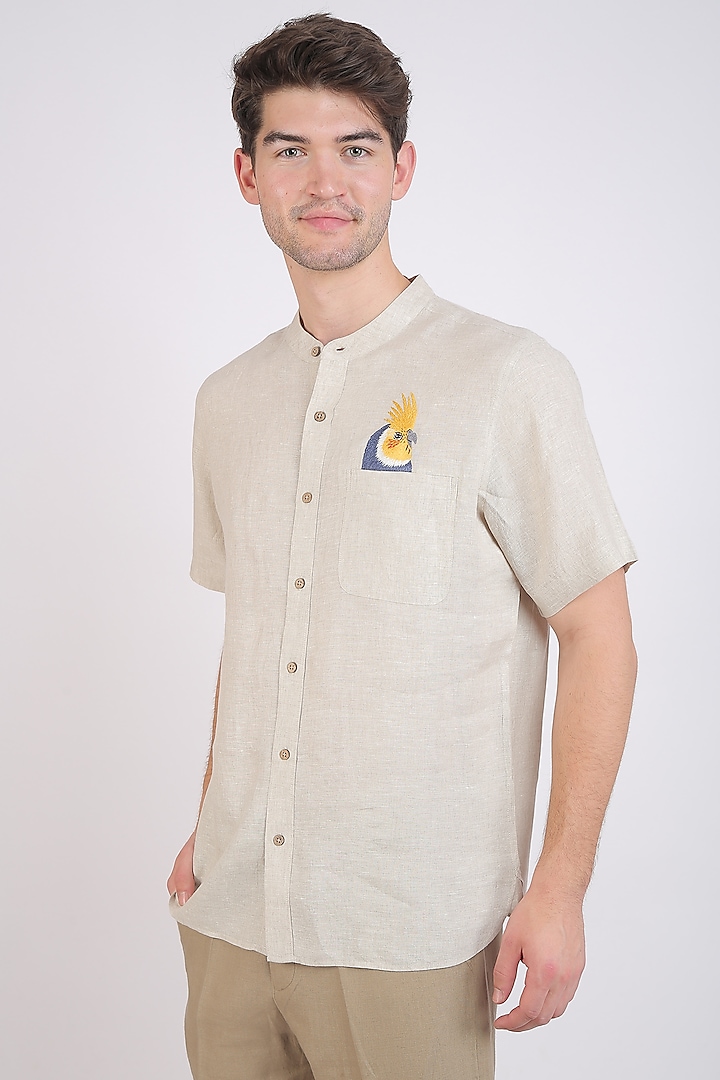 Beige Embroidered Shirt by Linen Bloom Men