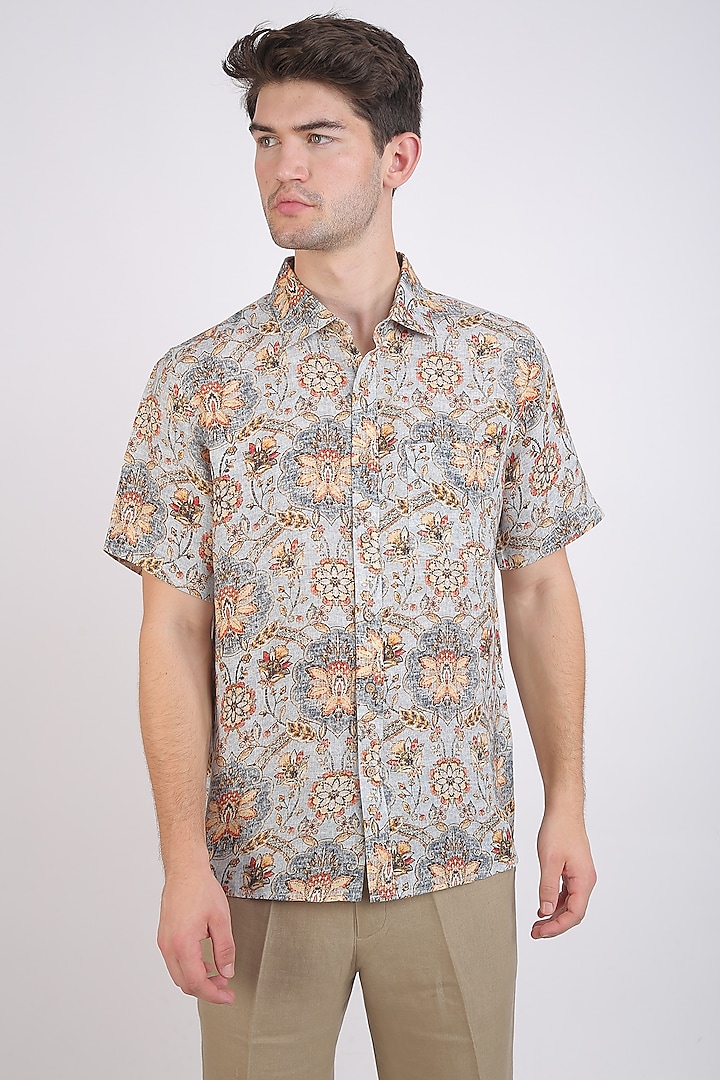Brown Linen Printed Shirt by Linen Bloom Men