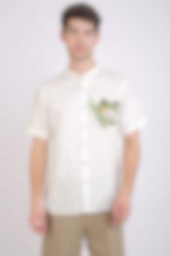 White Hand Painted Party Wear Shirt by Linen Bloom Men at Pernia's Pop Up Shop