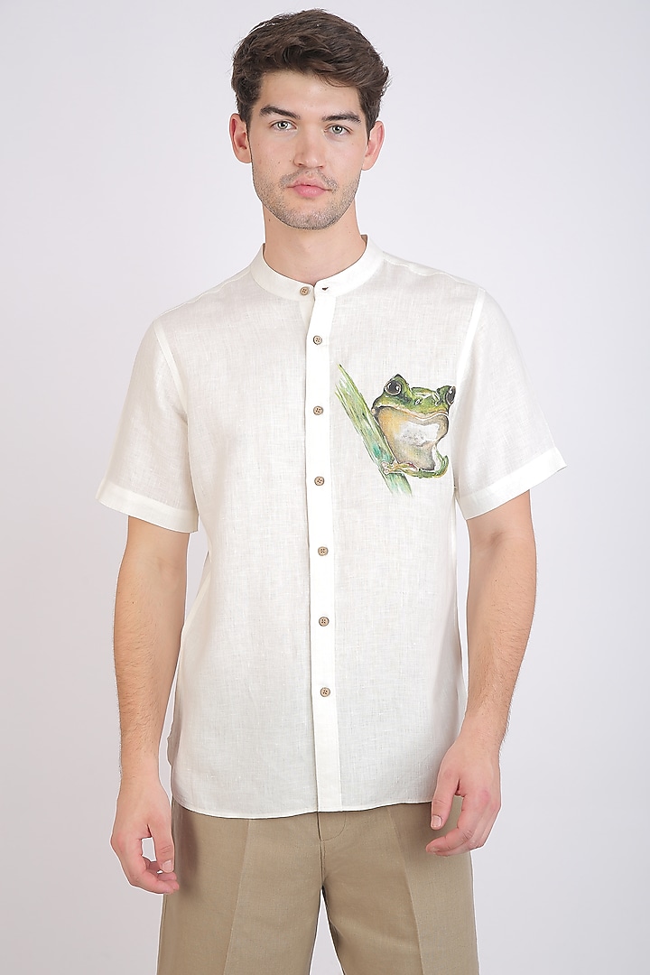 White Hand Painted Party Wear Shirt by Linen Bloom Men at Pernia's Pop Up Shop