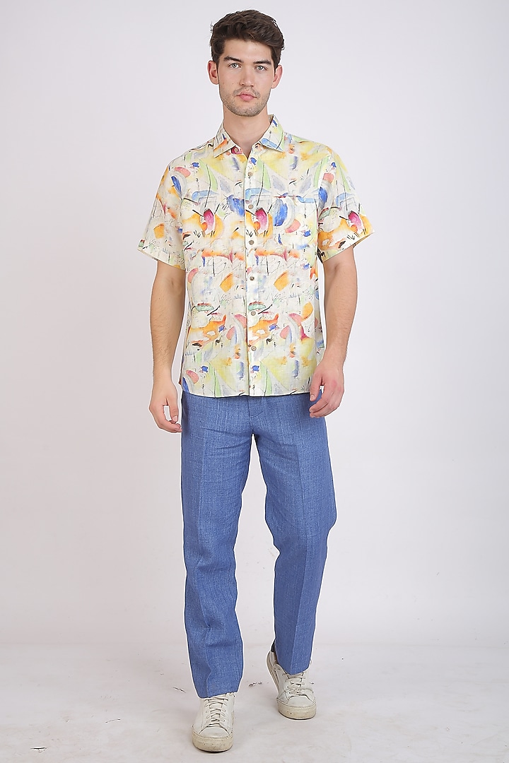 Off-White Printed Shirt by Linen Bloom Men