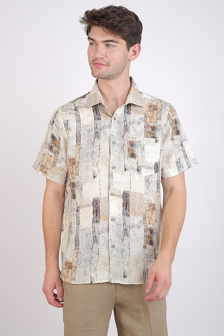 Beige Tile Printed Shirt by Linen Bloom Men