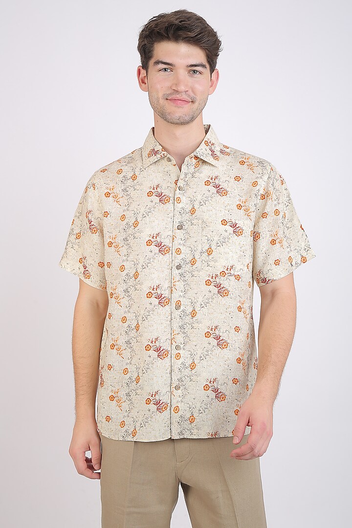 Beige Floral Printed Party Wear Shirt by Linen Bloom Men at Pernia's Pop Up Shop