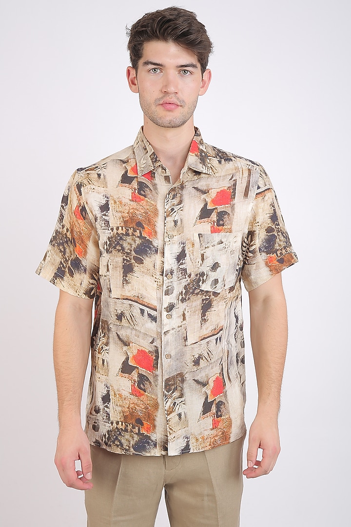 Beige Digital Printed Party Wear Shirt by Linen Bloom Men at Pernia's Pop Up Shop