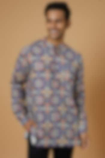 Purple Linen Printed Short Kurta by Linen Bloom Men