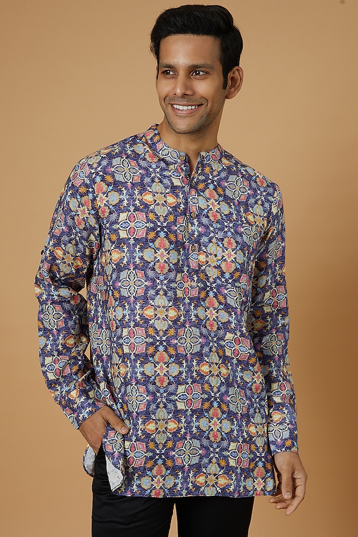 Purple Linen Printed Short Kurta by Linen Bloom Men