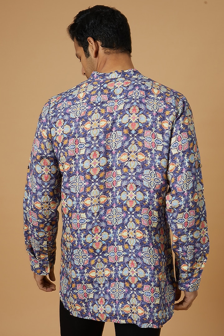 Purple Linen Printed Short Kurta by Linen Bloom Men at Pernia's Pop Up Shop